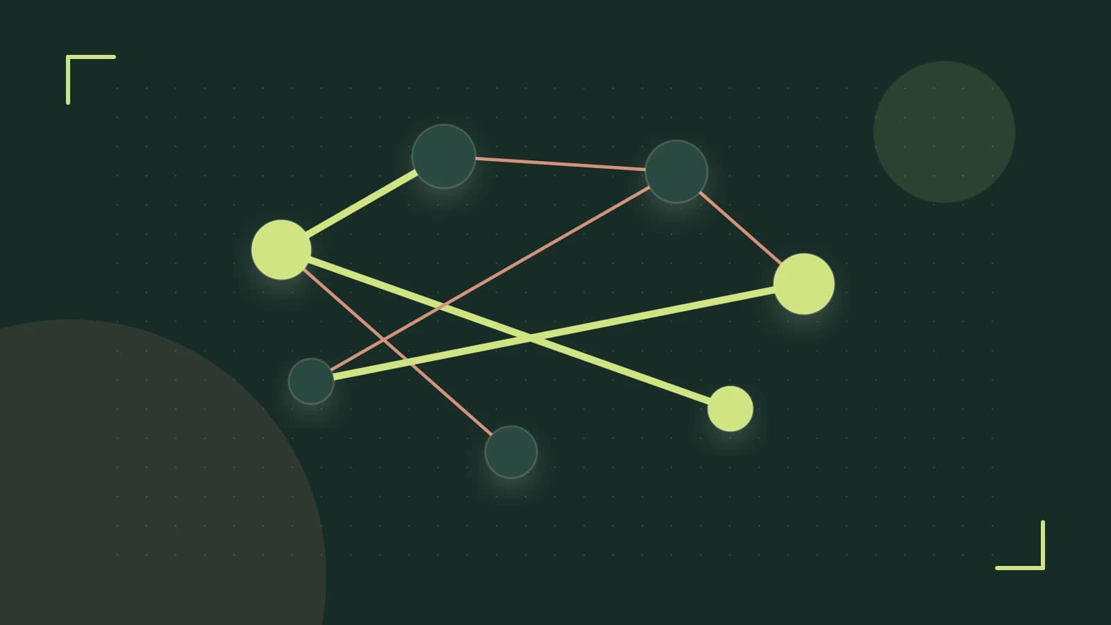 Editorial illustration of an algorithmic node graph with branching paths and a highlighted result
