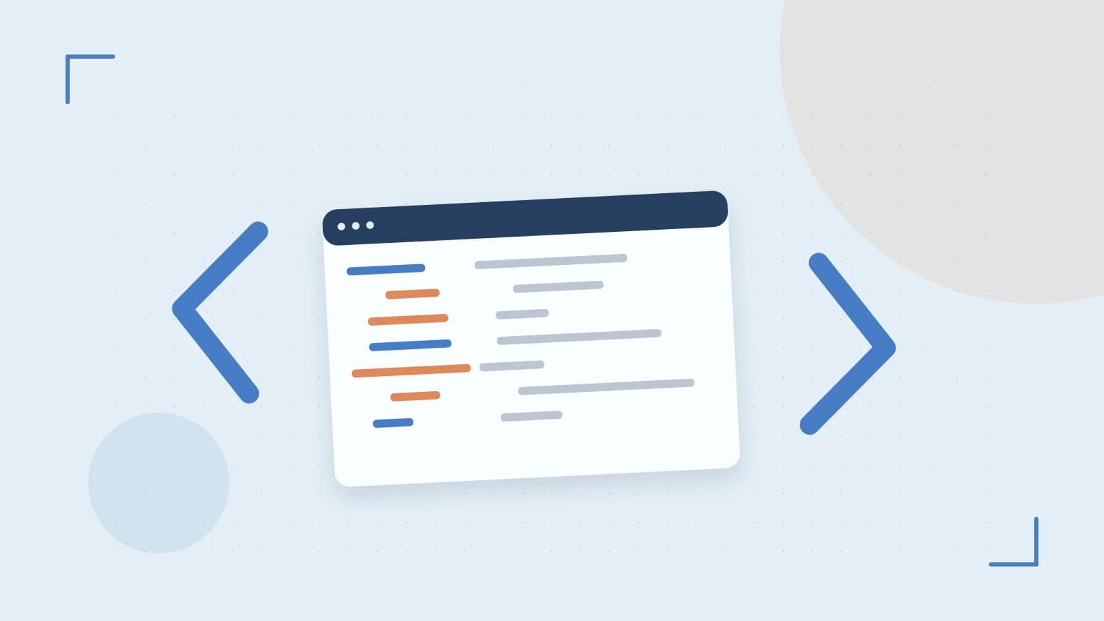 Editorial illustration of an abstract code editor, syntax blocks and oversized programming brackets
