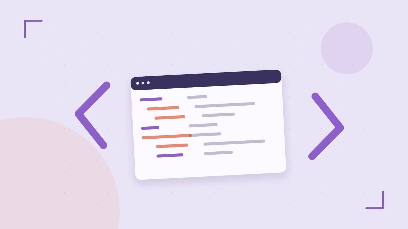 Editorial illustration of an abstract code editor, syntax blocks and oversized programming brackets