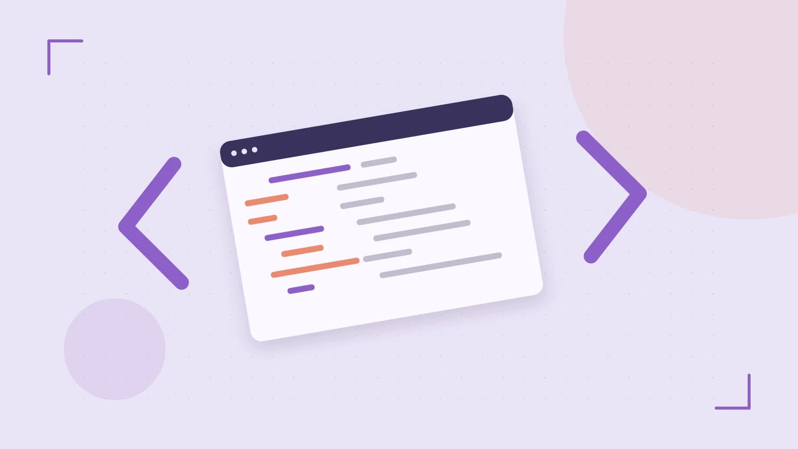 Editorial illustration of an abstract code editor, syntax blocks and oversized programming brackets