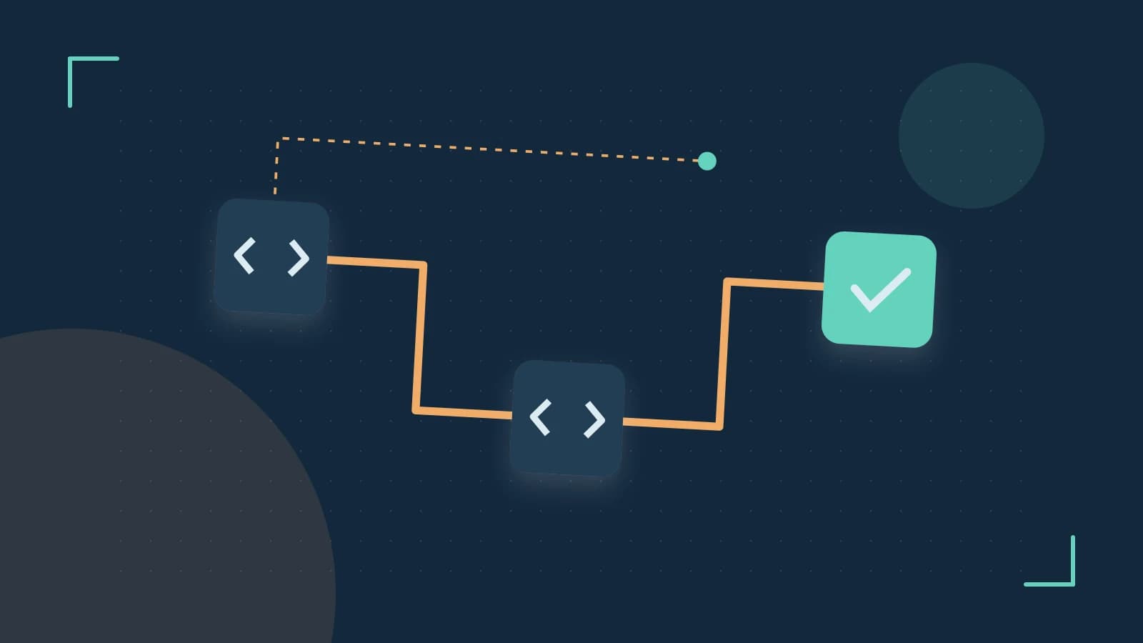 Editorial illustration of a branching build pipeline, staged transformations and a completed check