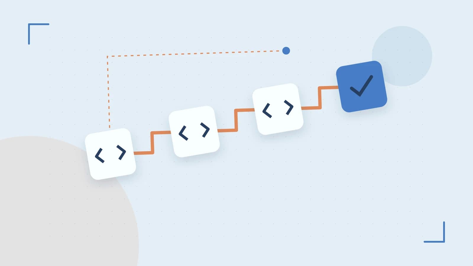 Editorial illustration of a branching build pipeline, staged transformations and a completed check