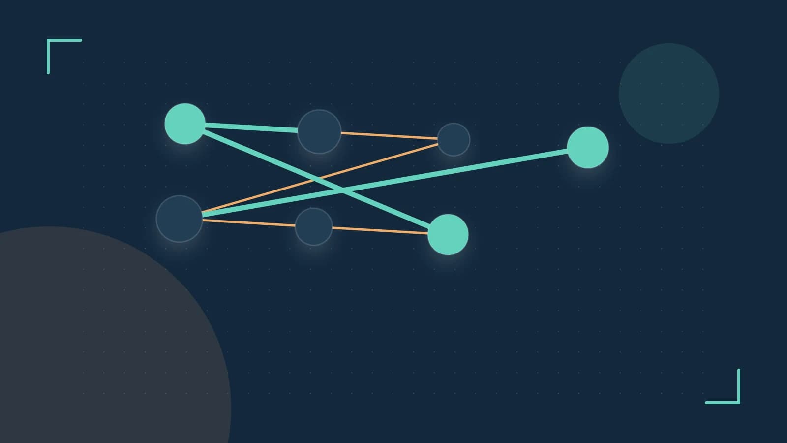 Editorial illustration of an algorithmic node graph with branching paths and a highlighted result