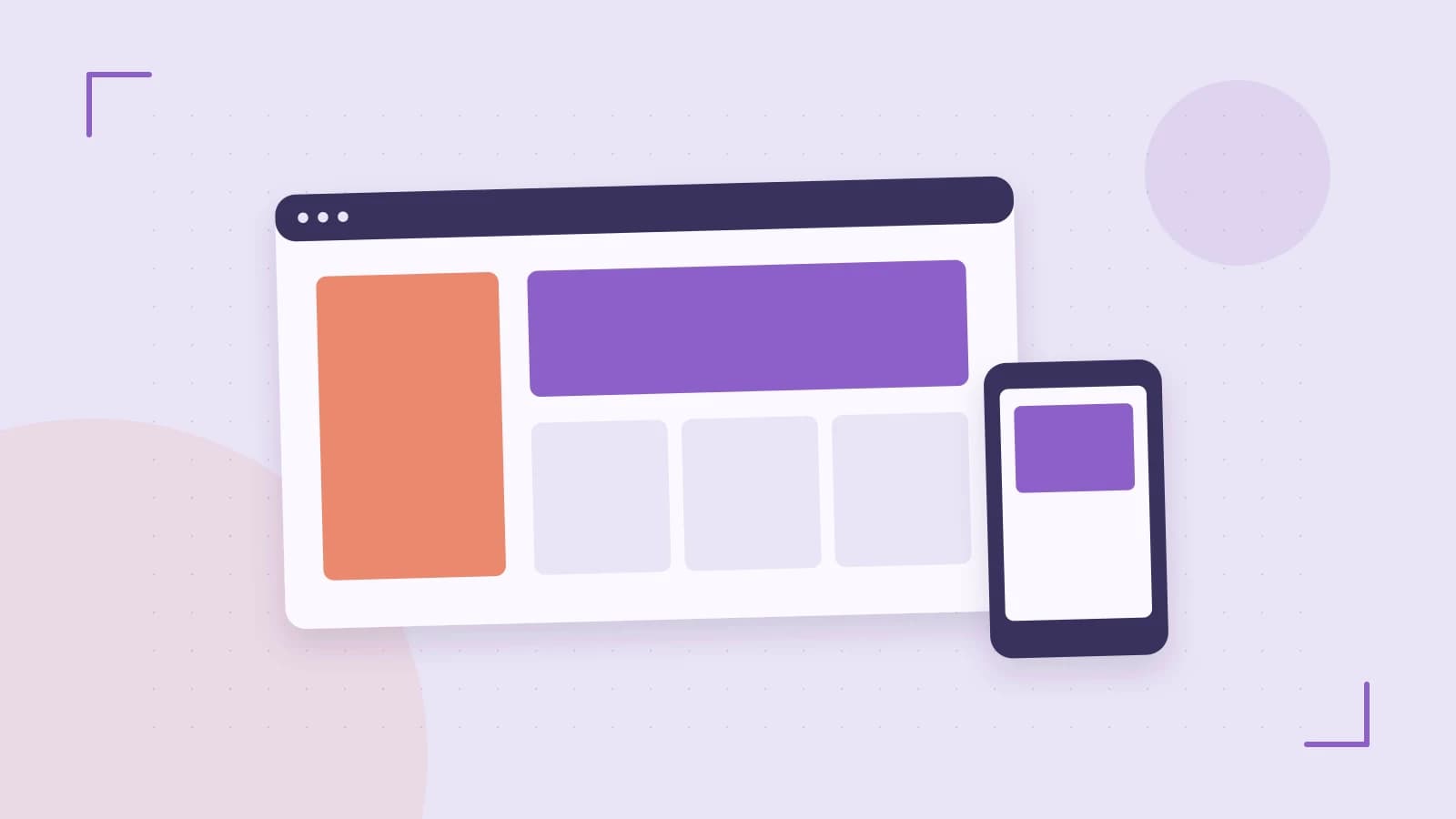 Editorial illustration of responsive browser layouts, overlapping design components and a color system