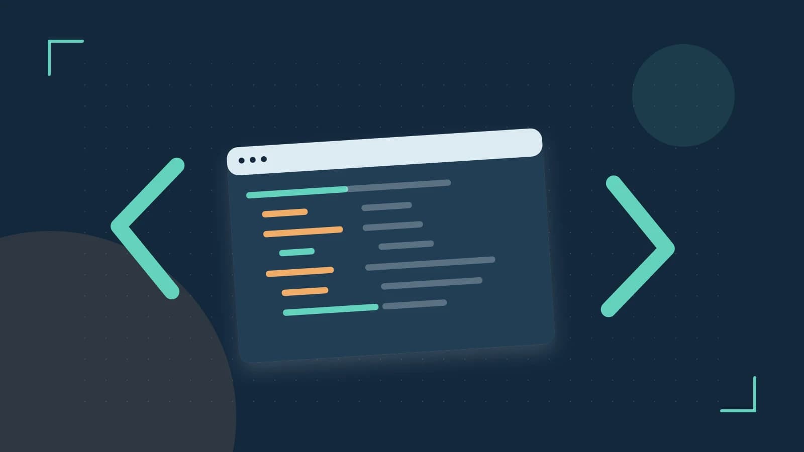 Editorial illustration of an abstract code editor, syntax blocks and oversized programming brackets