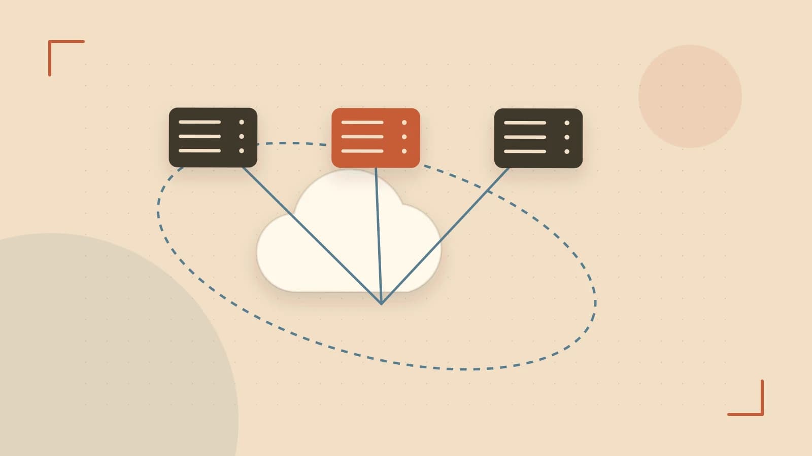 Editorial illustration of cloud infrastructure, connected server racks and an orbital service map