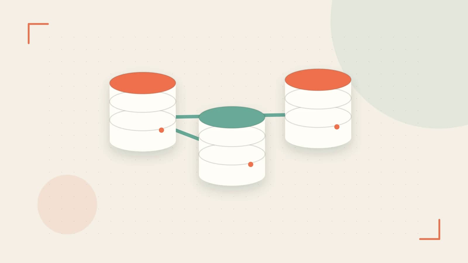 Editorial illustration of structured records, database cylinders and relationships between tables