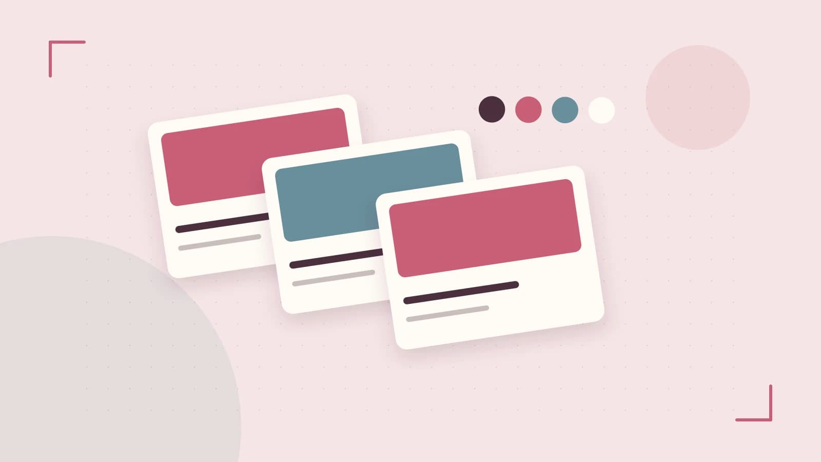 Editorial illustration of responsive browser layouts, overlapping design components and a color system