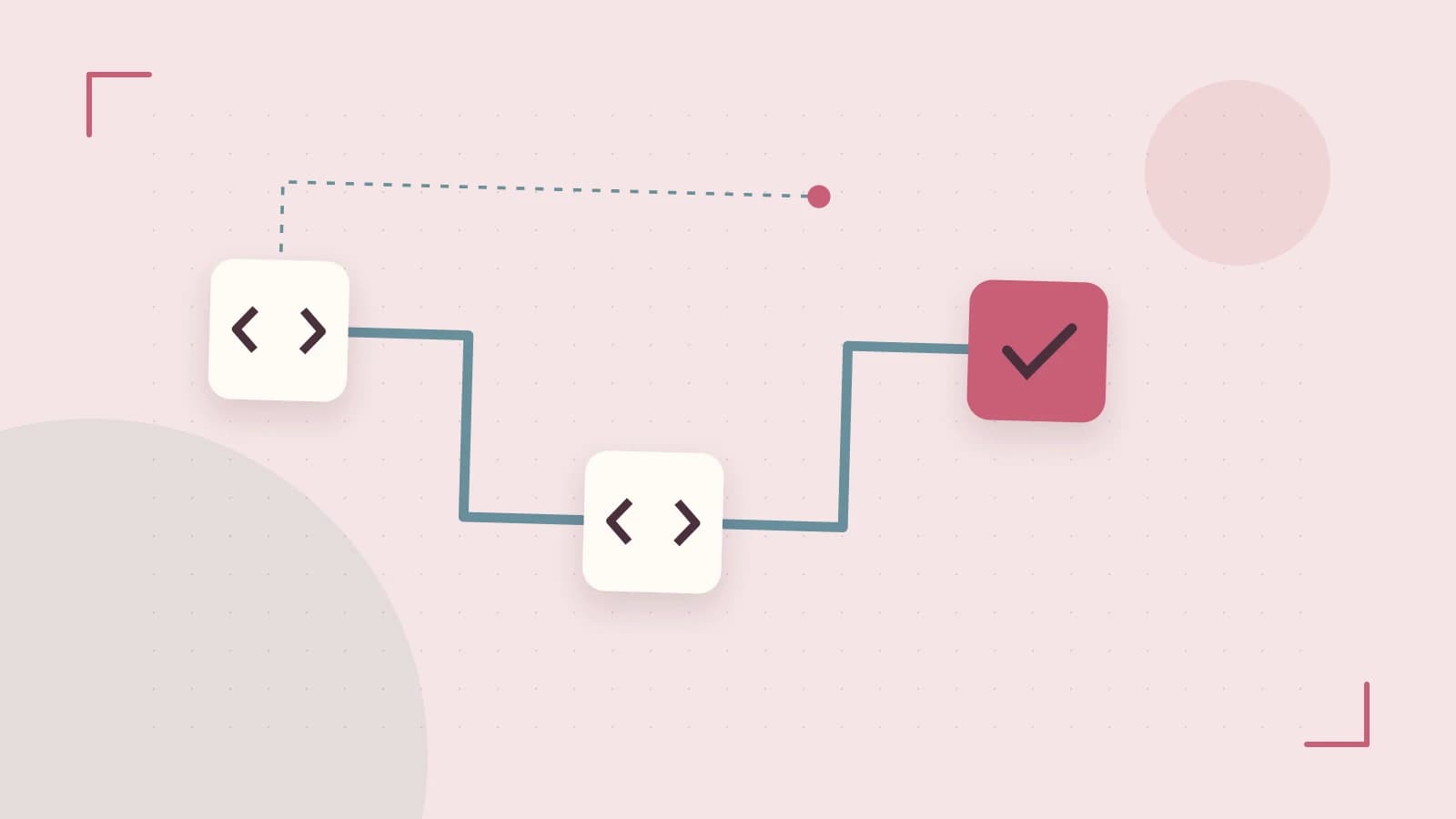 Editorial illustration of a branching build pipeline, staged transformations and a completed check