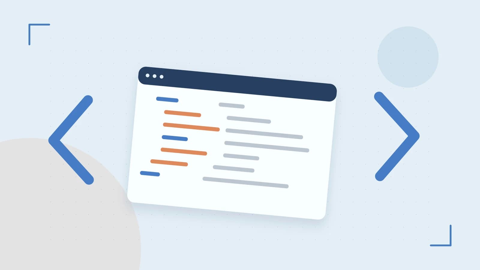 Editorial illustration of an abstract code editor, syntax blocks and oversized programming brackets