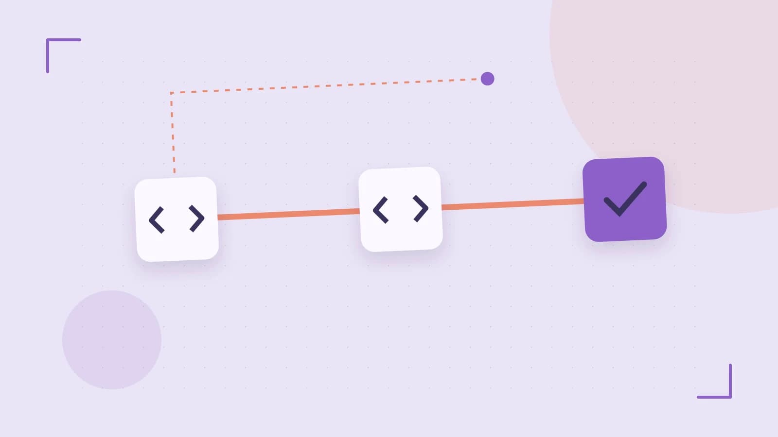 Editorial illustration of a branching build pipeline, staged transformations and a completed check