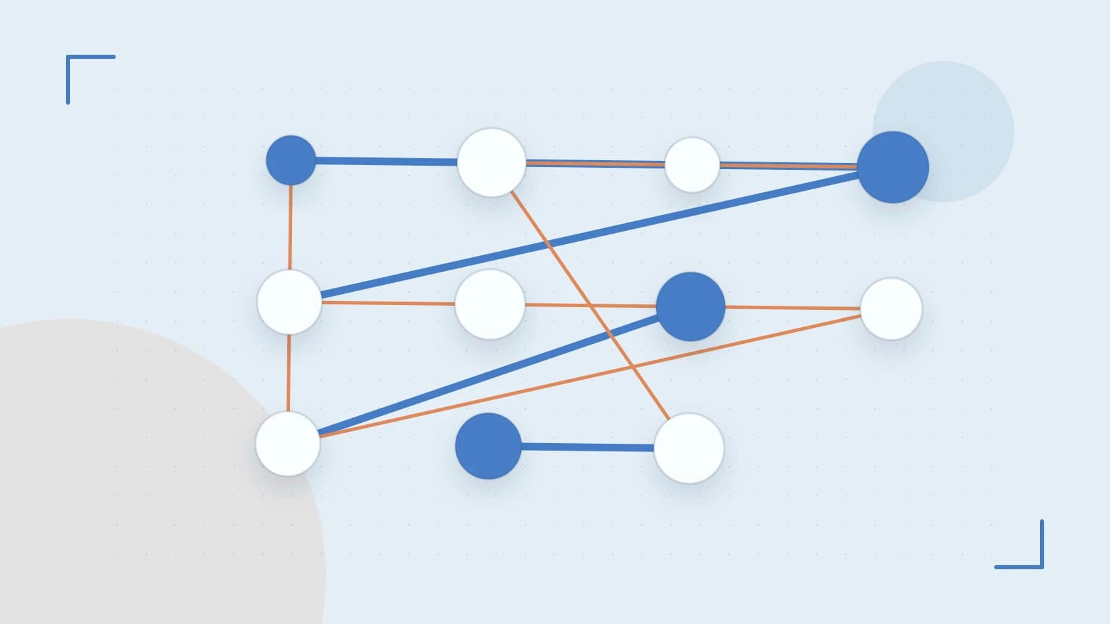 Editorial illustration of an algorithmic node graph with branching paths and a highlighted result