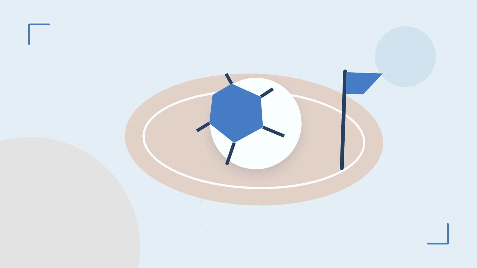 Editorial illustration of a stylized sports ball, stadium geometry and dynamic arcs