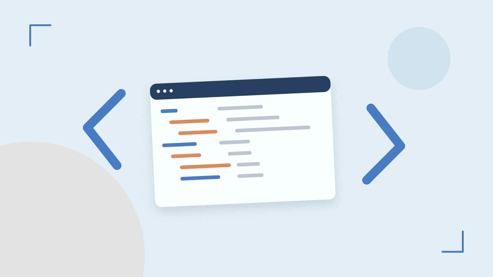 Editorial illustration of an abstract code editor, syntax blocks and oversized programming brackets