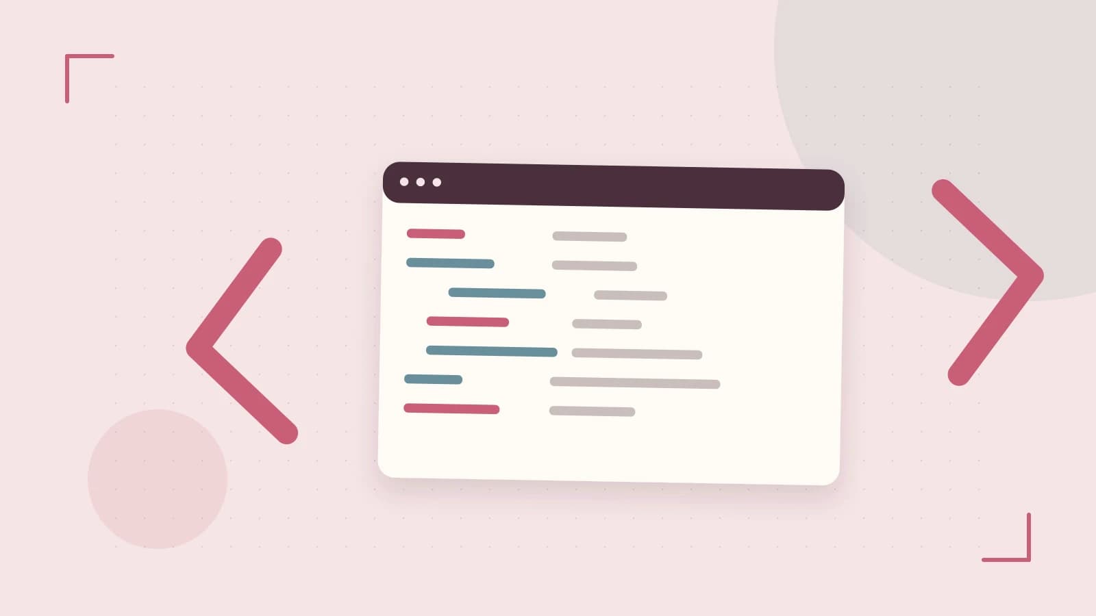 Editorial illustration of an abstract code editor, syntax blocks and oversized programming brackets