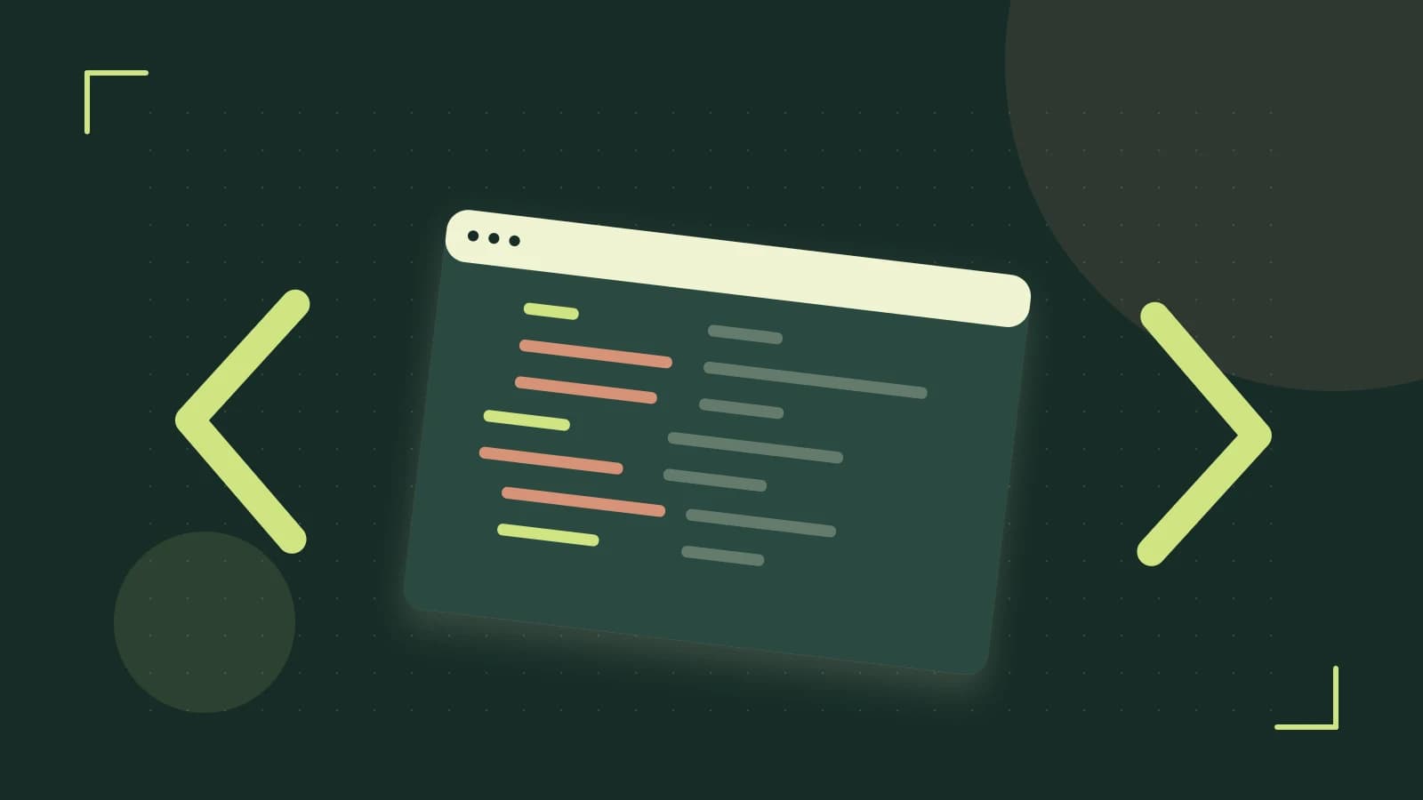 Editorial illustration of an abstract code editor, syntax blocks and oversized programming brackets