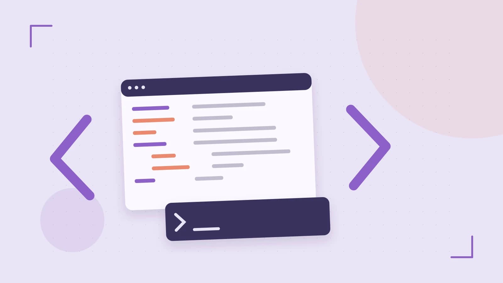 Editorial illustration of an abstract code editor, syntax blocks and oversized programming brackets