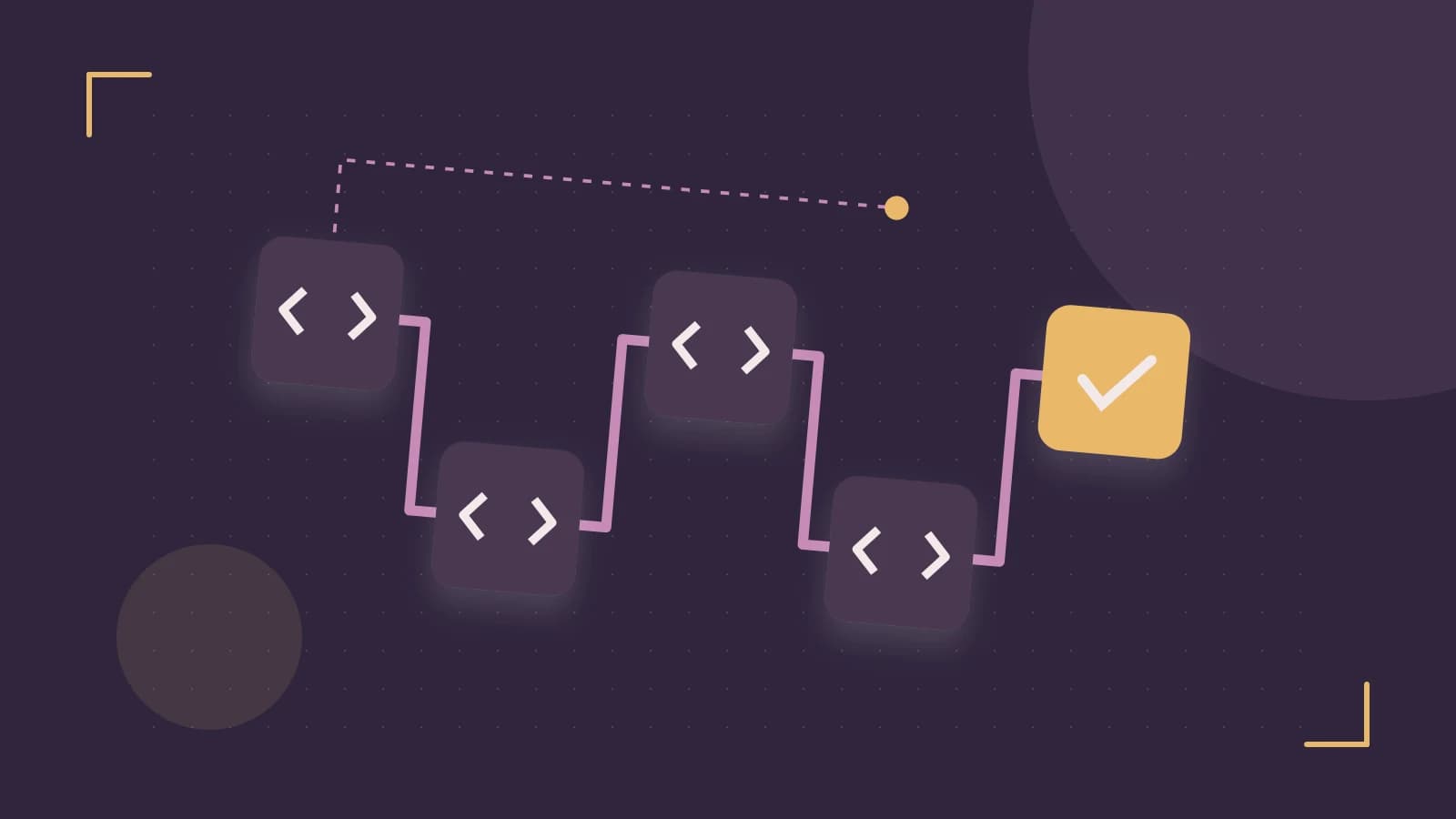 Editorial illustration of a branching build pipeline, staged transformations and a completed check