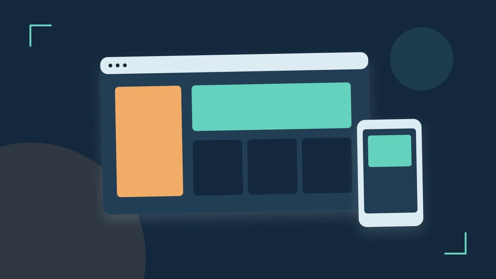Editorial illustration of responsive browser layouts, overlapping design components and a color system