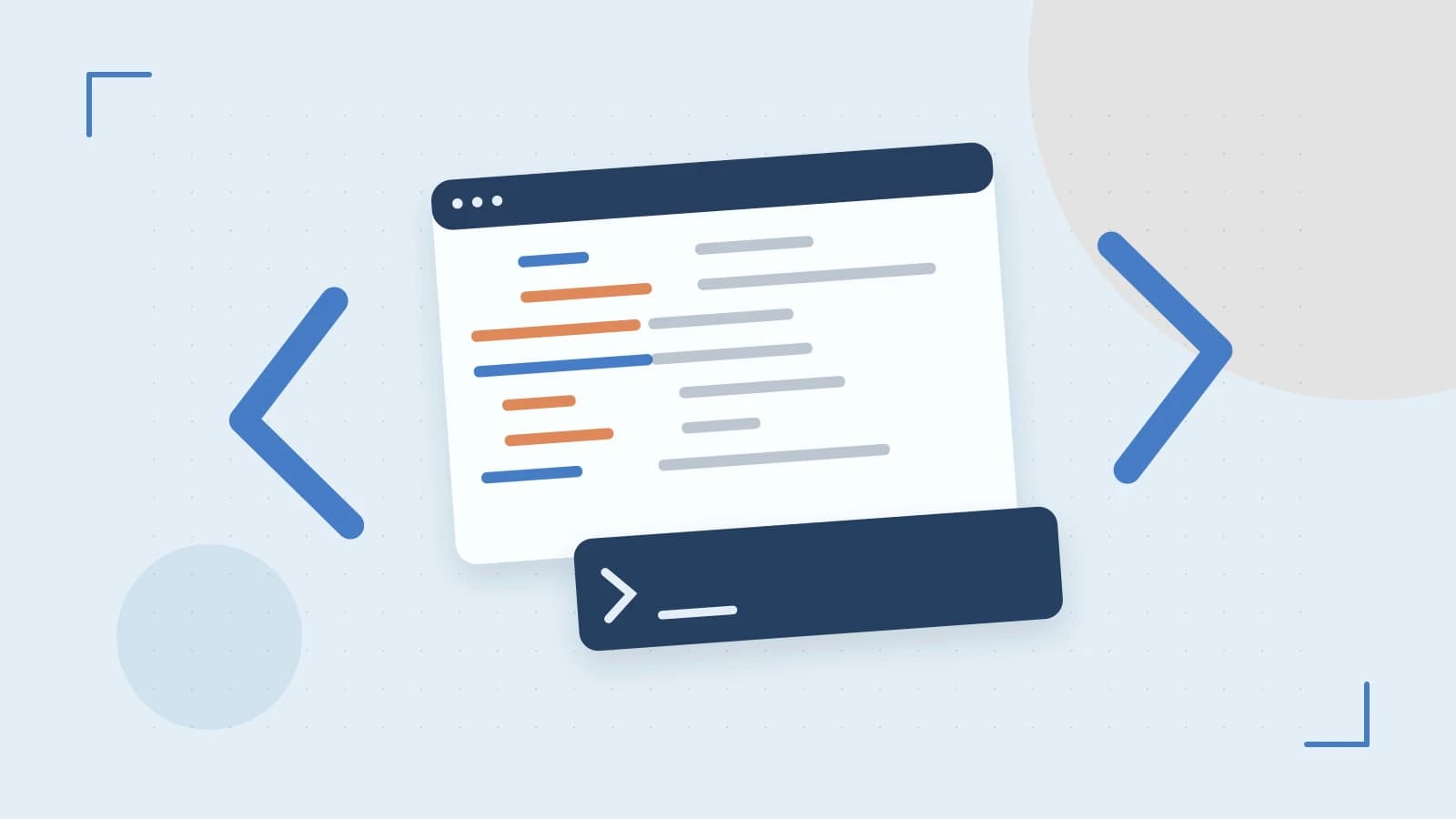 Editorial illustration of an abstract code editor, syntax blocks and oversized programming brackets
