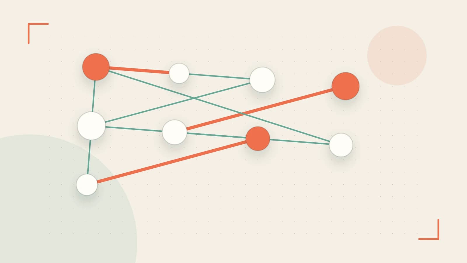 Editorial illustration of an algorithmic node graph with branching paths and a highlighted result