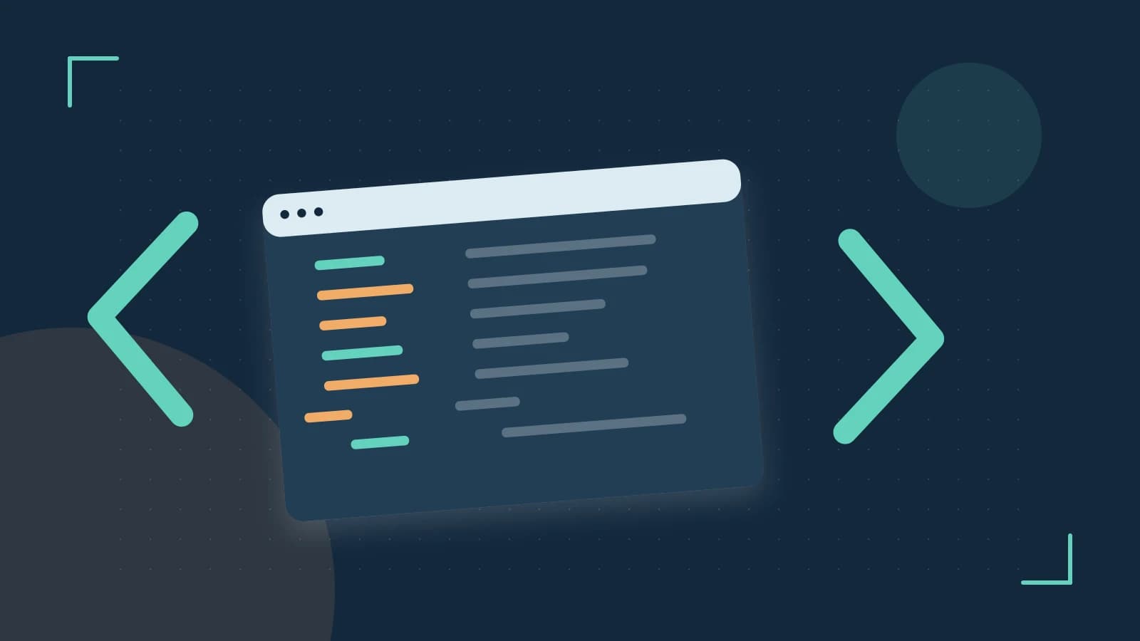 Editorial illustration of an abstract code editor, syntax blocks and oversized programming brackets