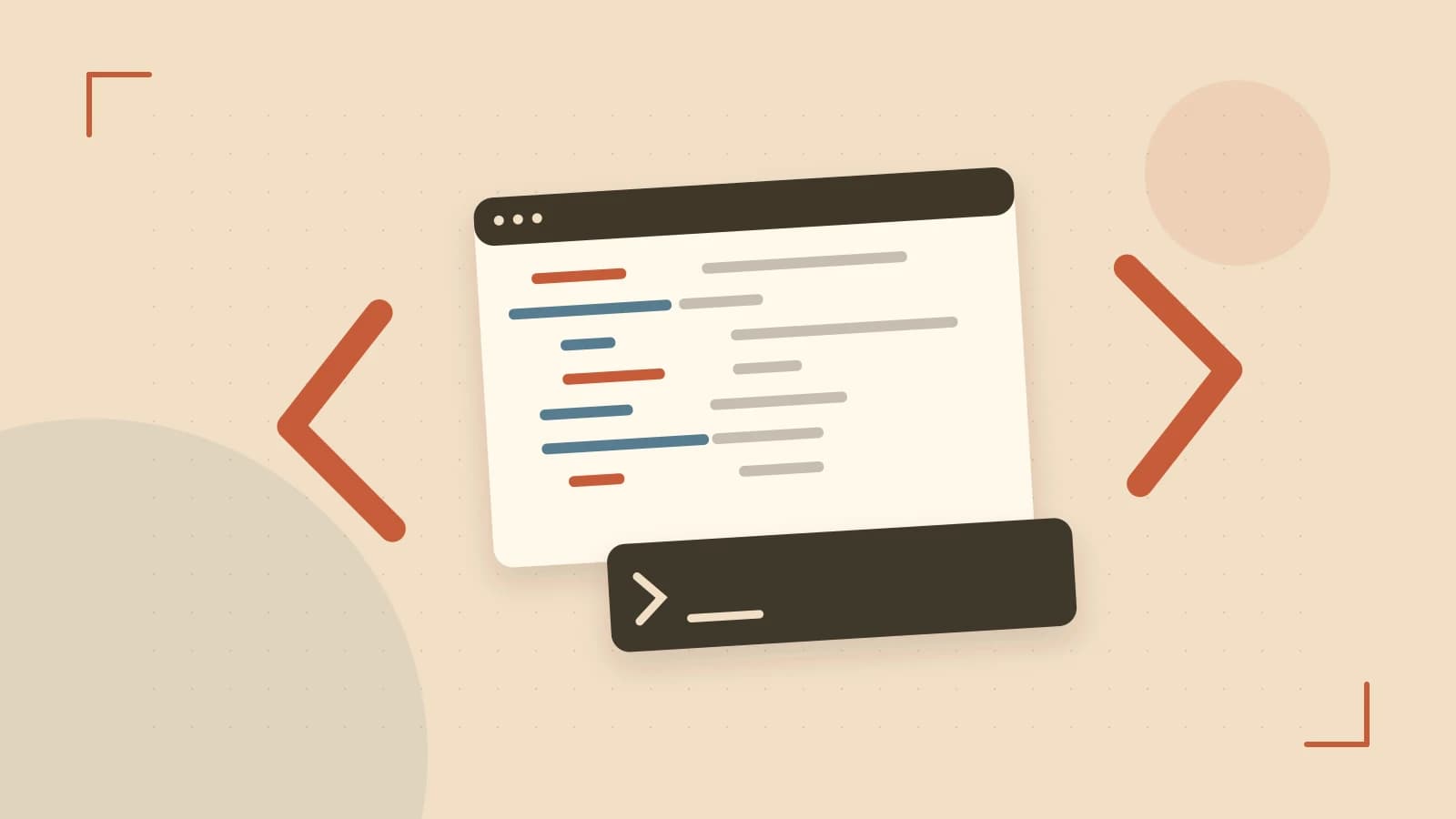 Editorial illustration of an abstract code editor, syntax blocks and oversized programming brackets