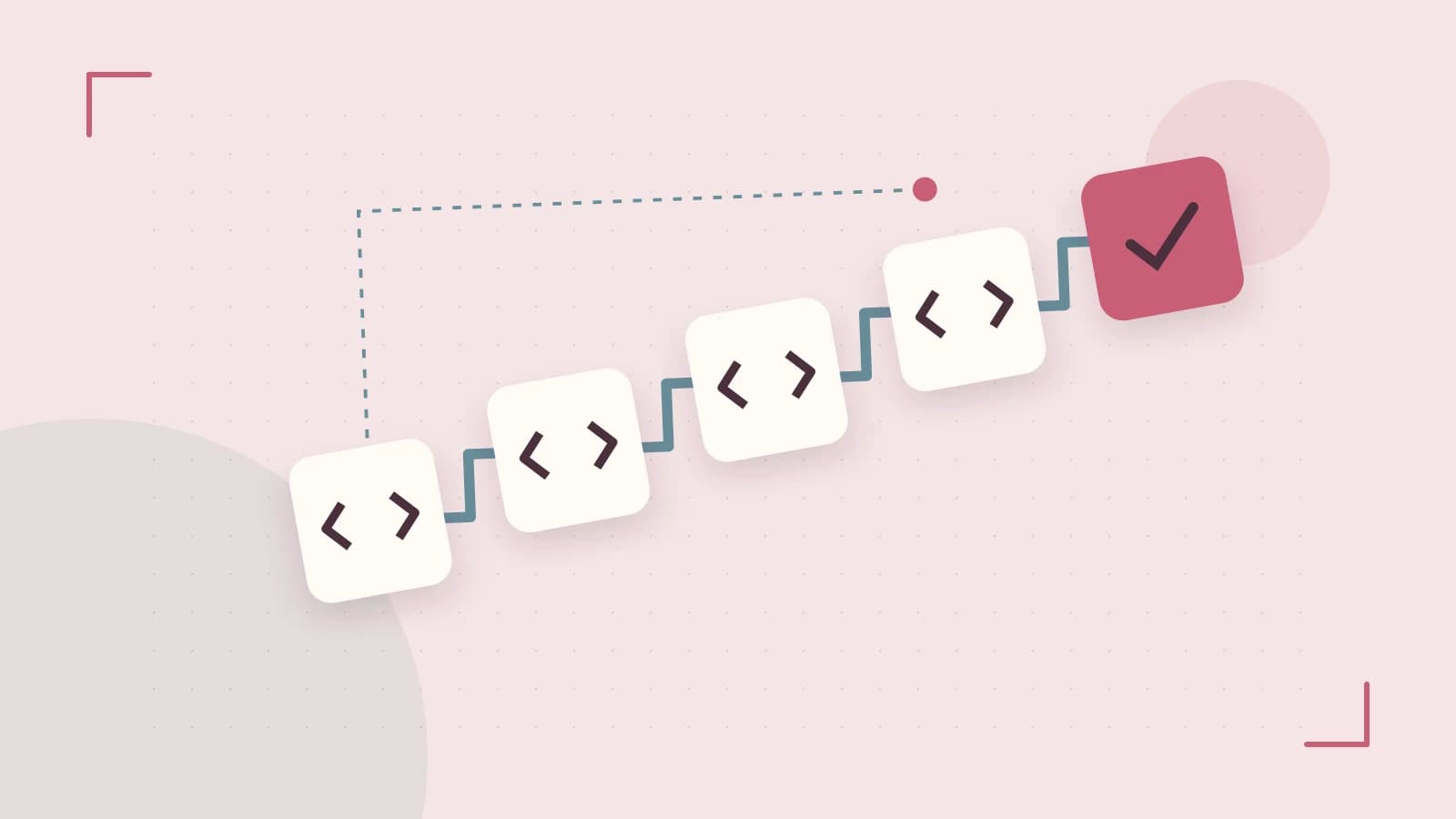Editorial illustration of a branching build pipeline, staged transformations and a completed check