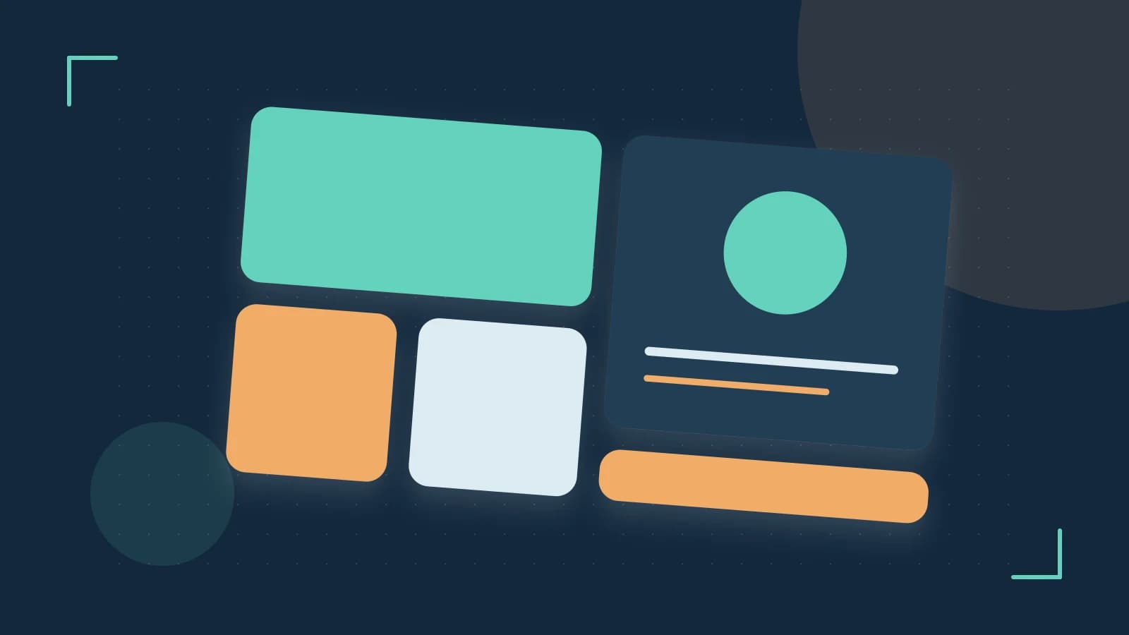 Editorial illustration of responsive browser layouts, overlapping design components and a color system