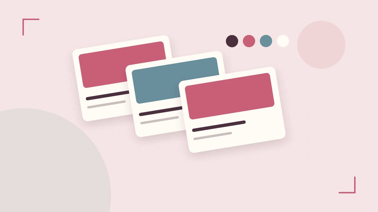 Editorial illustration of responsive browser layouts, overlapping design components and a color system