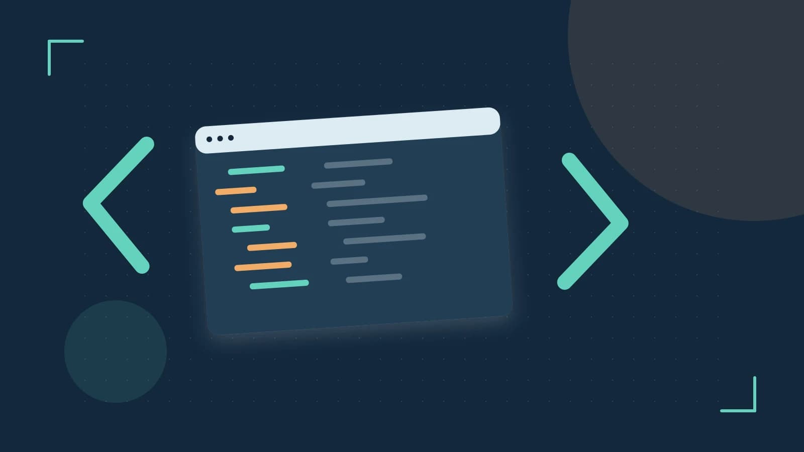 Editorial illustration of an abstract code editor, syntax blocks and oversized programming brackets