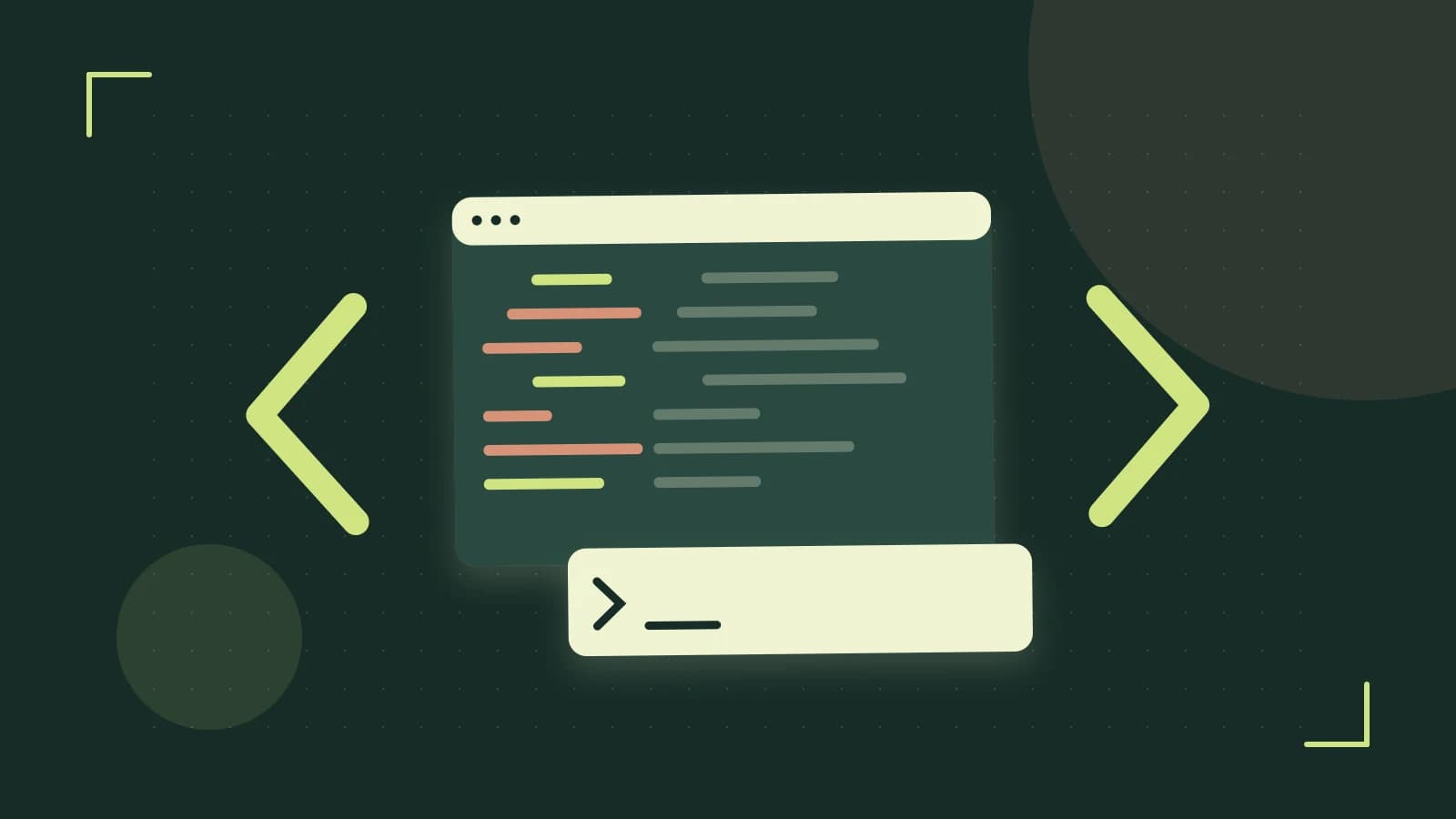 Editorial illustration of an abstract code editor, syntax blocks and oversized programming brackets