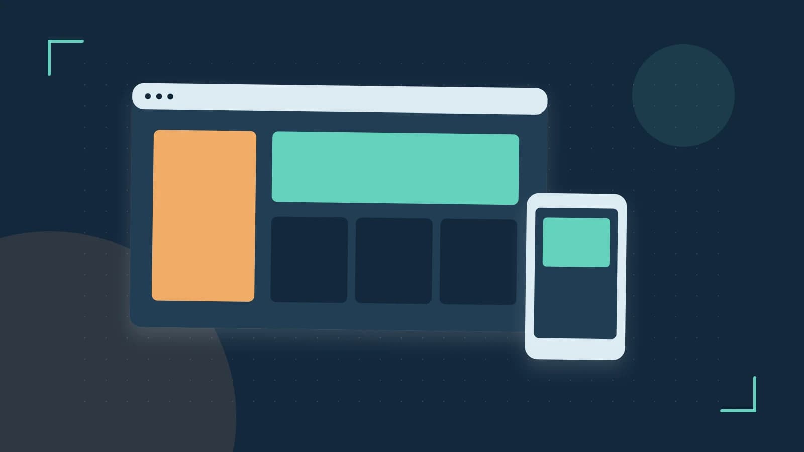 Editorial illustration of responsive browser layouts, overlapping design components and a color system