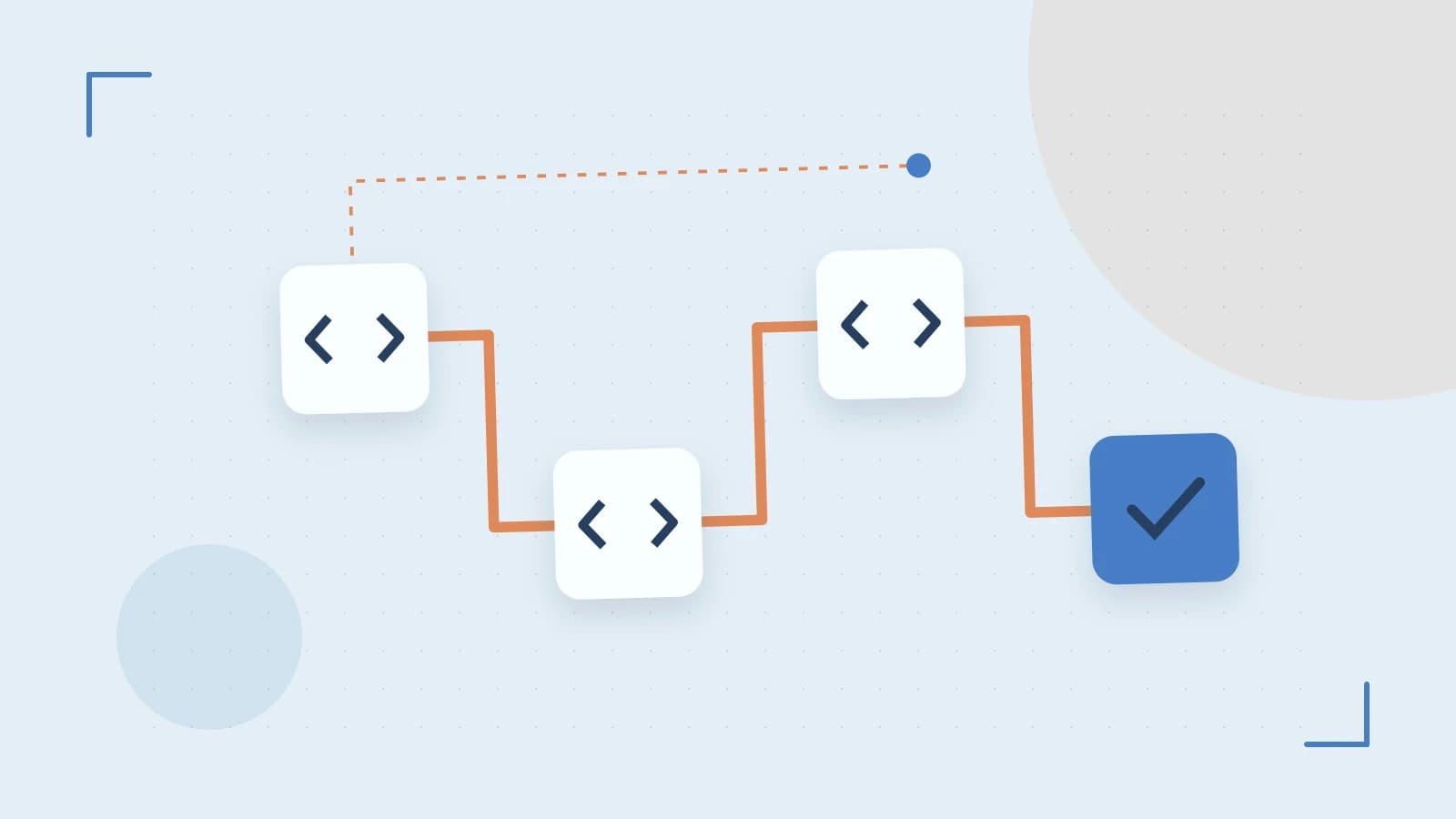 Editorial illustration of a branching build pipeline, staged transformations and a completed check