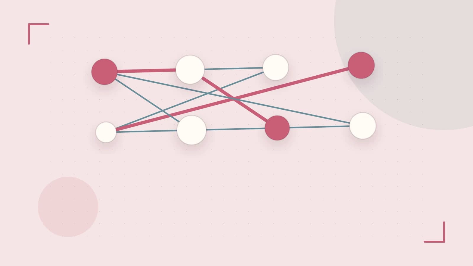 Editorial illustration of an algorithmic node graph with branching paths and a highlighted result