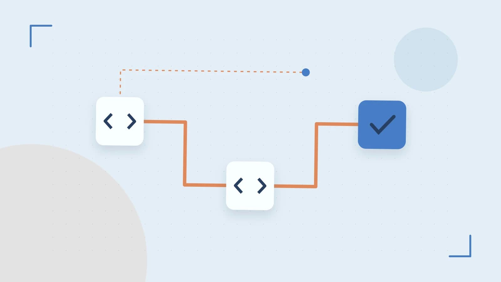 Editorial illustration of a branching build pipeline, staged transformations and a completed check