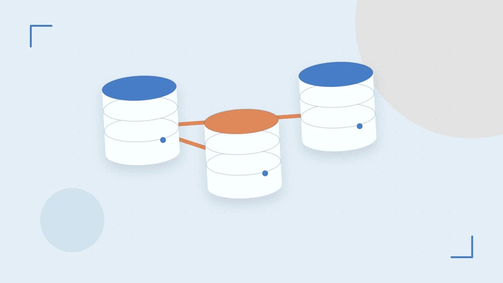 Editorial illustration of structured records, database cylinders and relationships between tables