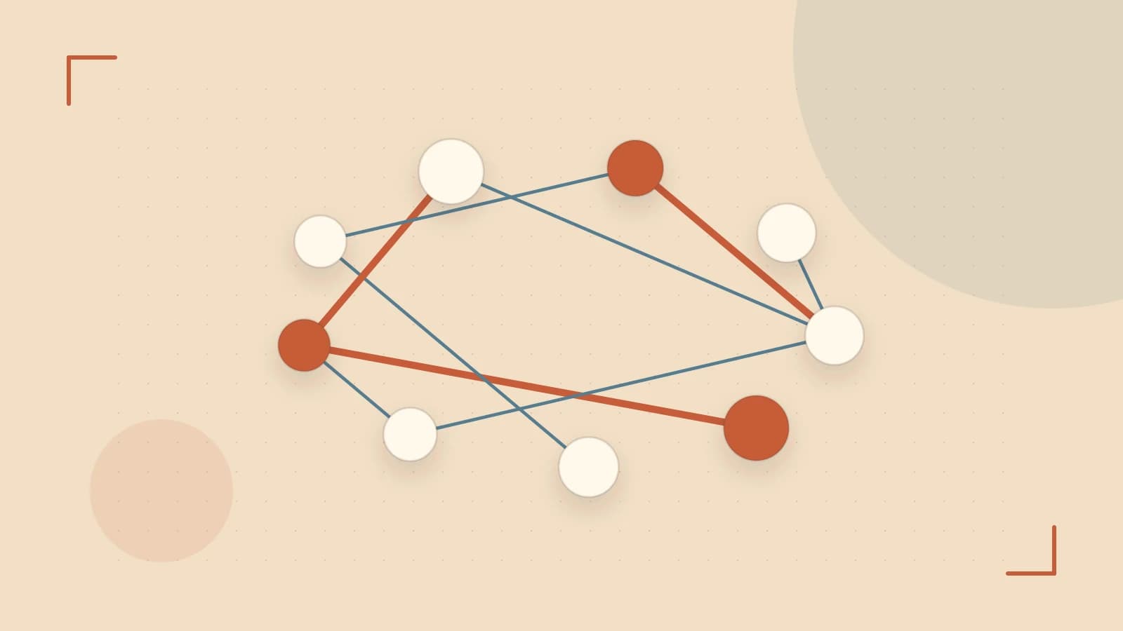 Editorial illustration of an algorithmic node graph with branching paths and a highlighted result