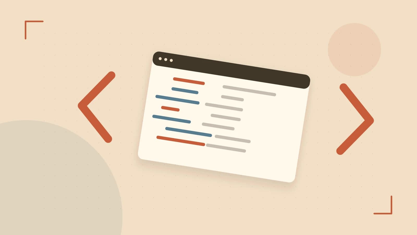 Editorial illustration of an abstract code editor, syntax blocks and oversized programming brackets