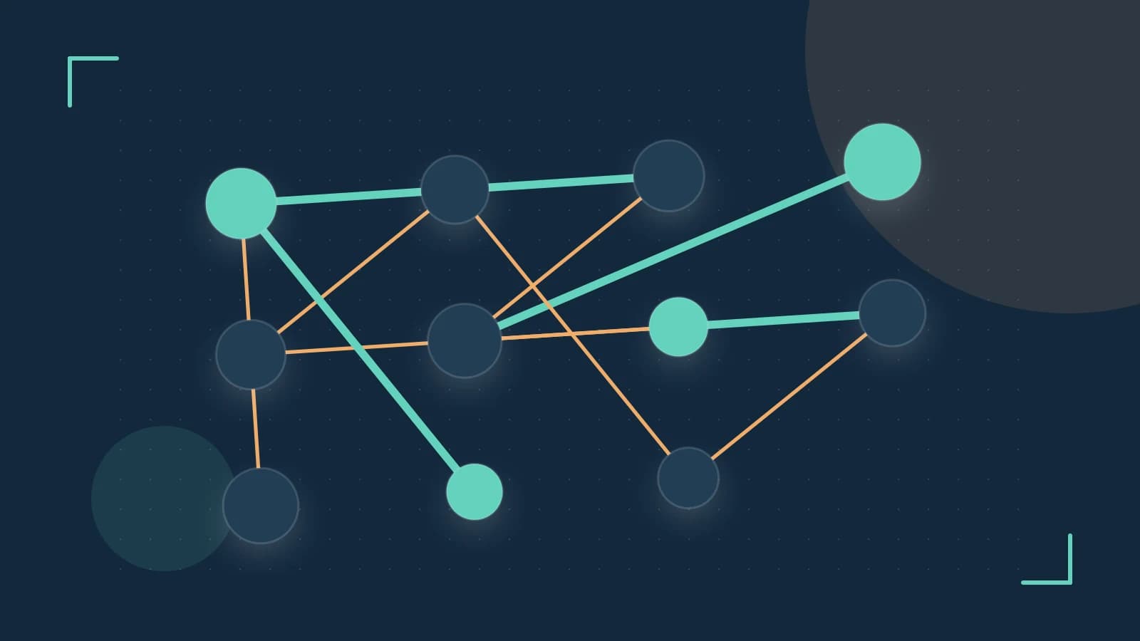 Editorial illustration of an algorithmic node graph with branching paths and a highlighted result