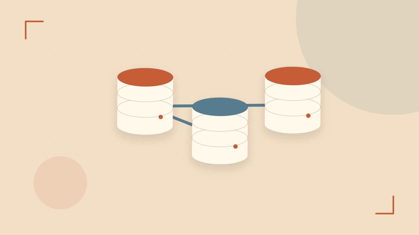 Editorial illustration of structured records, database cylinders and relationships between tables