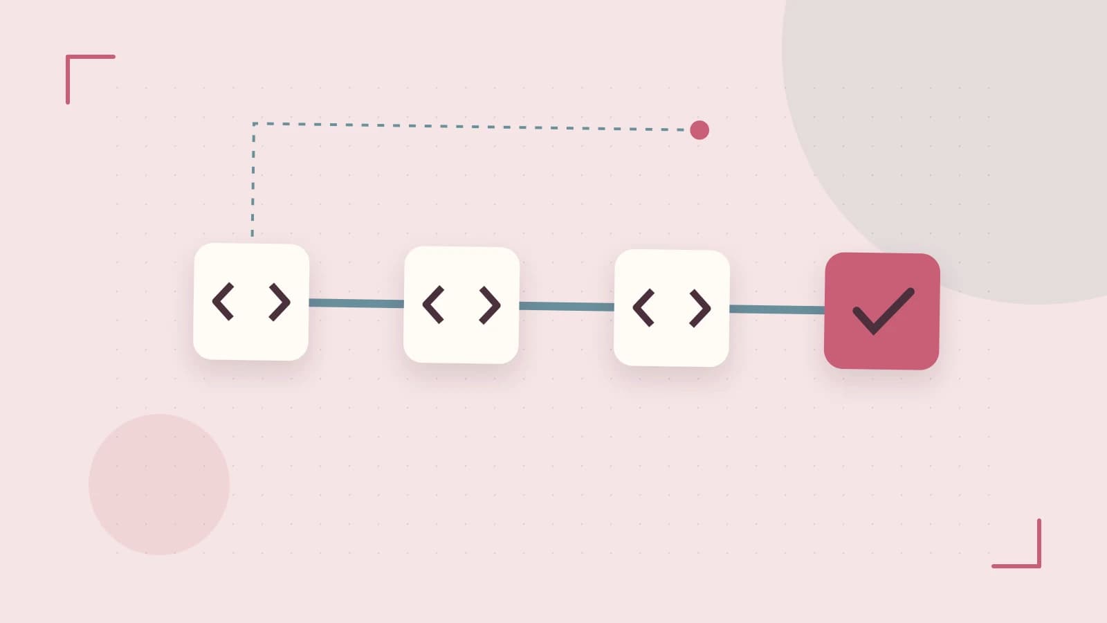Editorial illustration of a branching build pipeline, staged transformations and a completed check