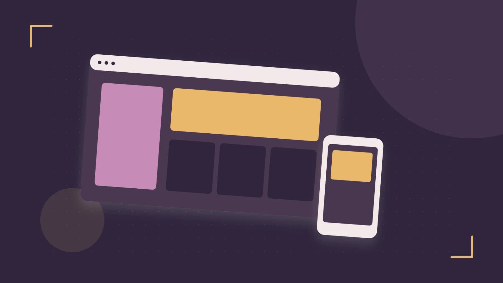 Editorial illustration of responsive browser layouts, overlapping design components and a color system