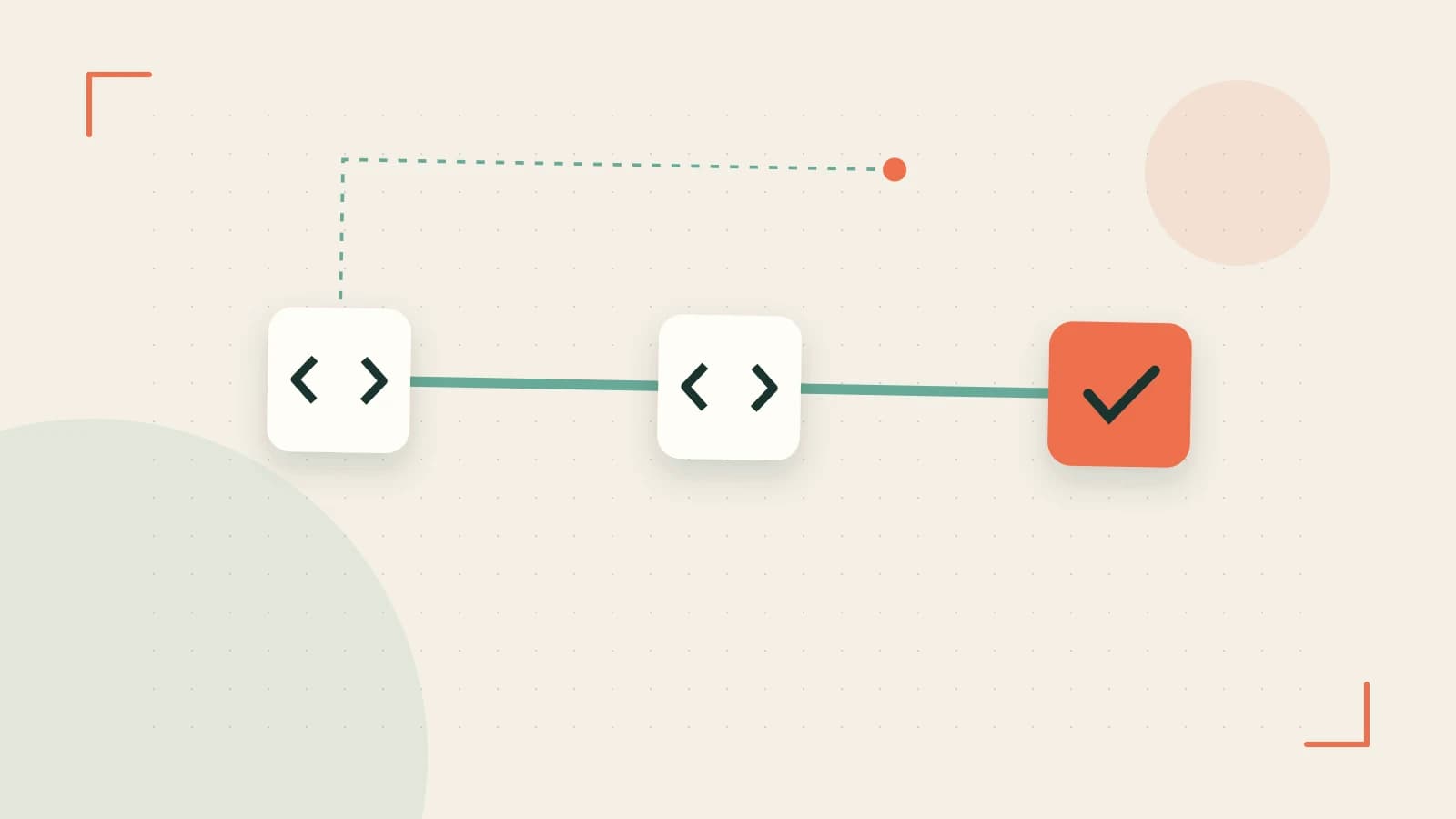 Editorial illustration of a branching build pipeline, staged transformations and a completed check