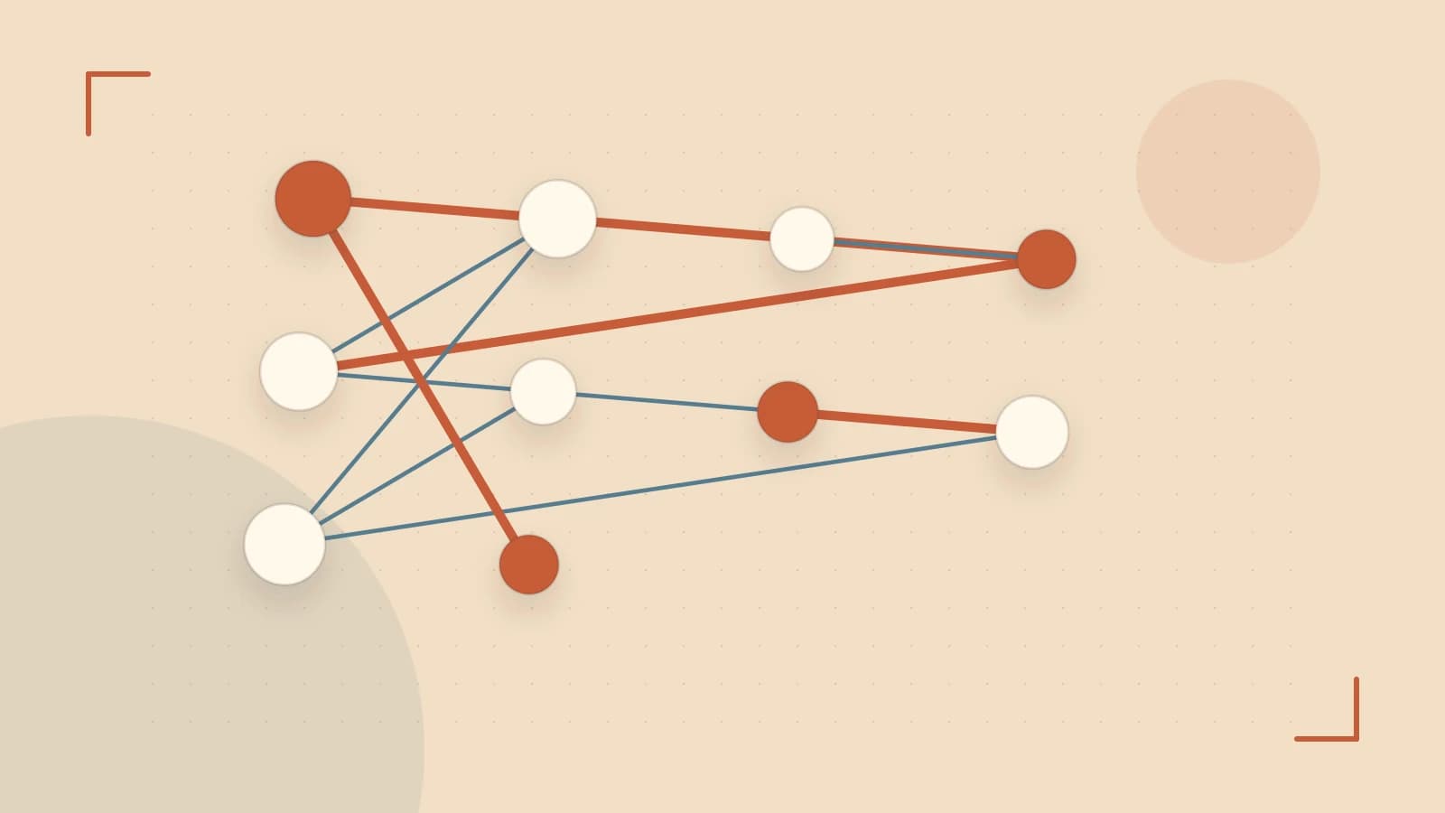 Editorial illustration of an algorithmic node graph with branching paths and a highlighted result