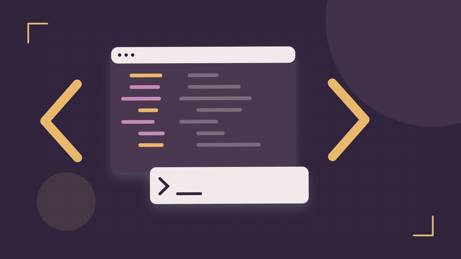 Editorial illustration of an abstract code editor, syntax blocks and oversized programming brackets