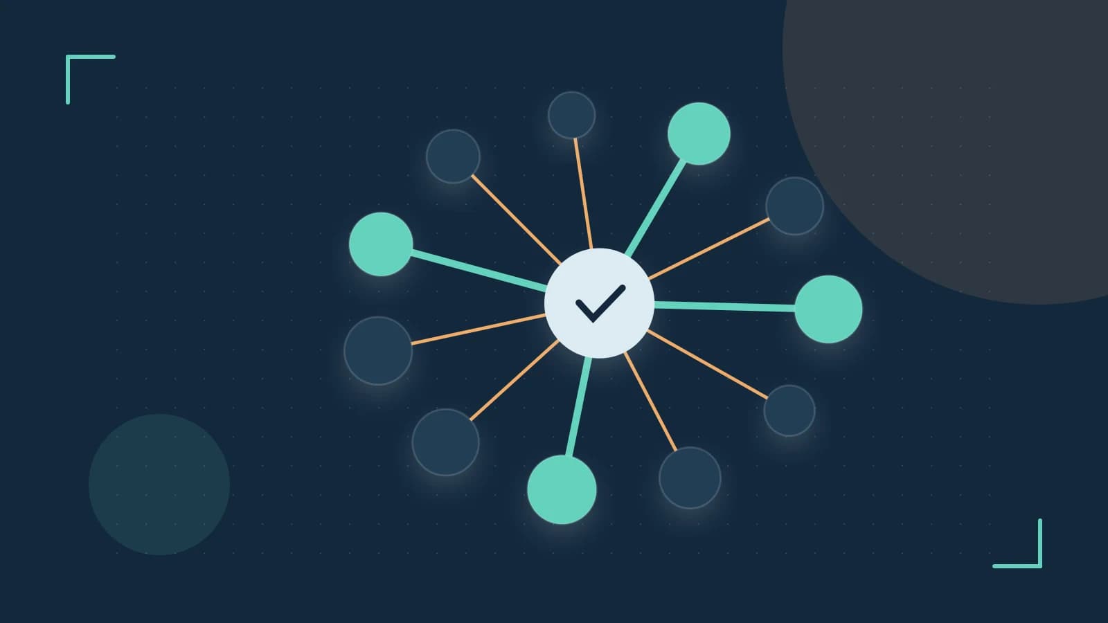 Editorial illustration of an algorithmic node graph with branching paths and a highlighted result