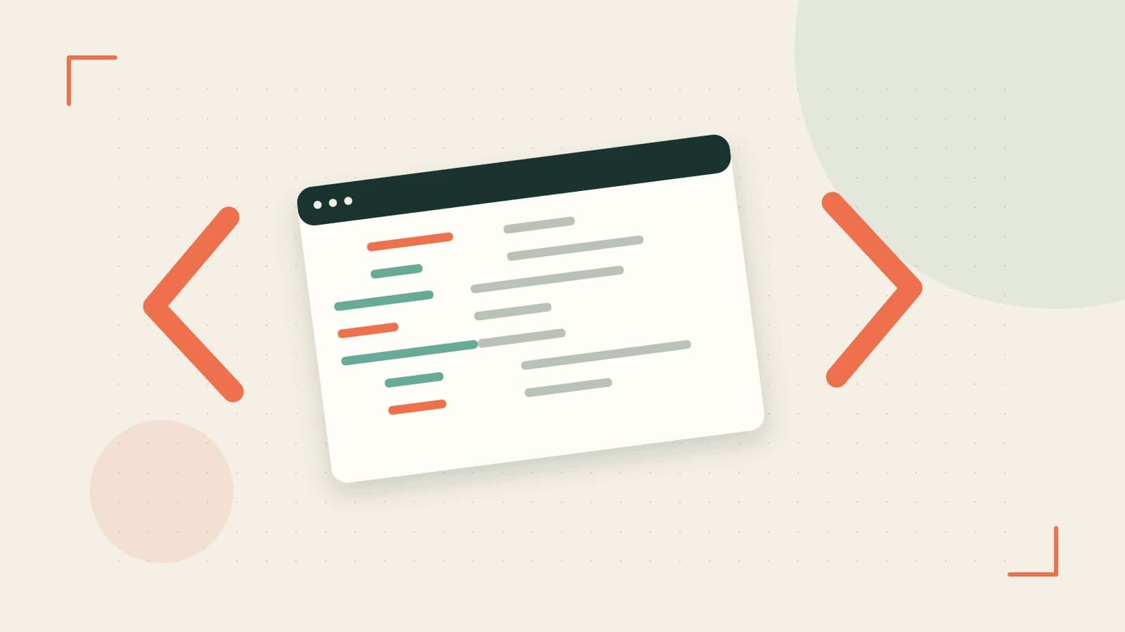 Editorial illustration of an abstract code editor, syntax blocks and oversized programming brackets