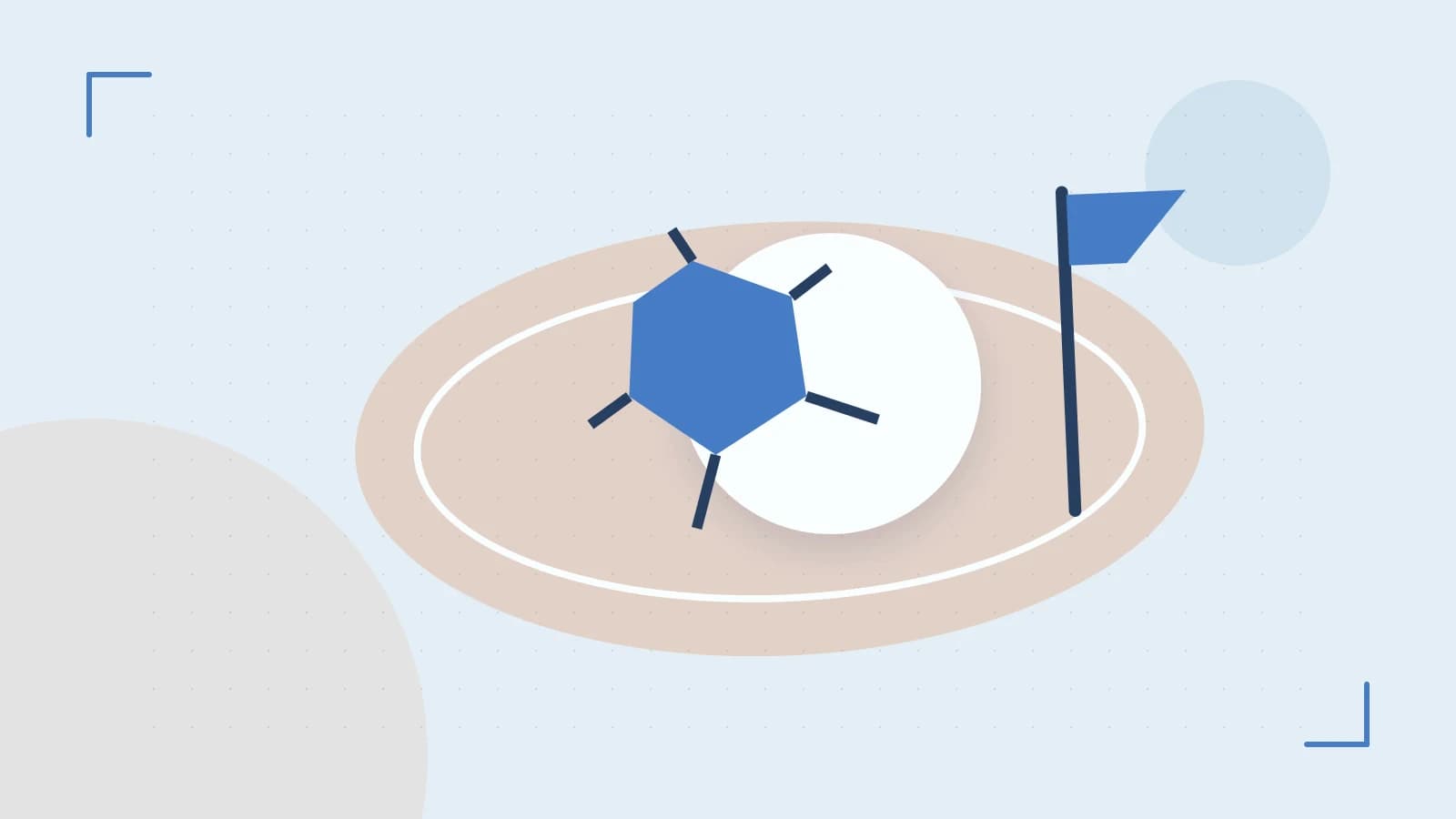 Editorial illustration of a stylized sports ball, stadium geometry and dynamic arcs