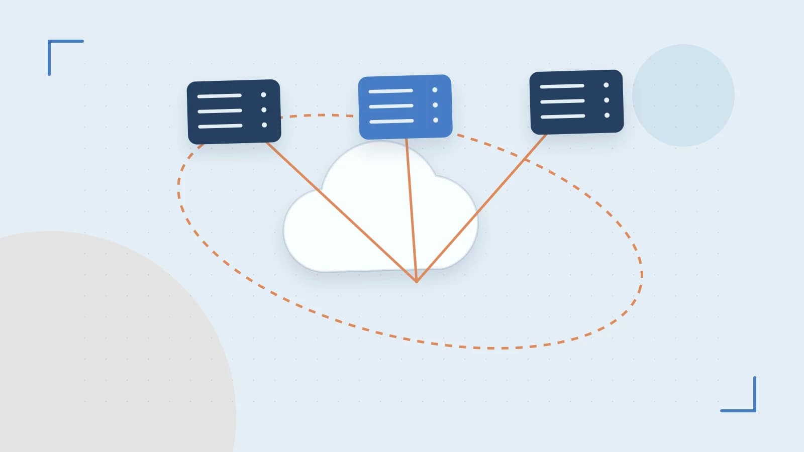 Editorial illustration of cloud infrastructure, connected server racks and an orbital service map